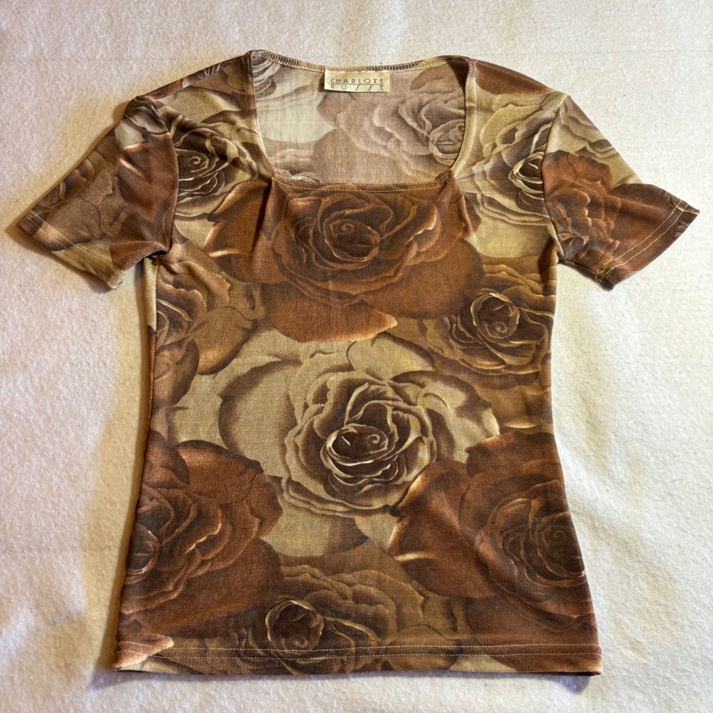 Vintage Charlotte Russe Brown Floral Rose Print Square‎ Neck Top Sexy Fitted M